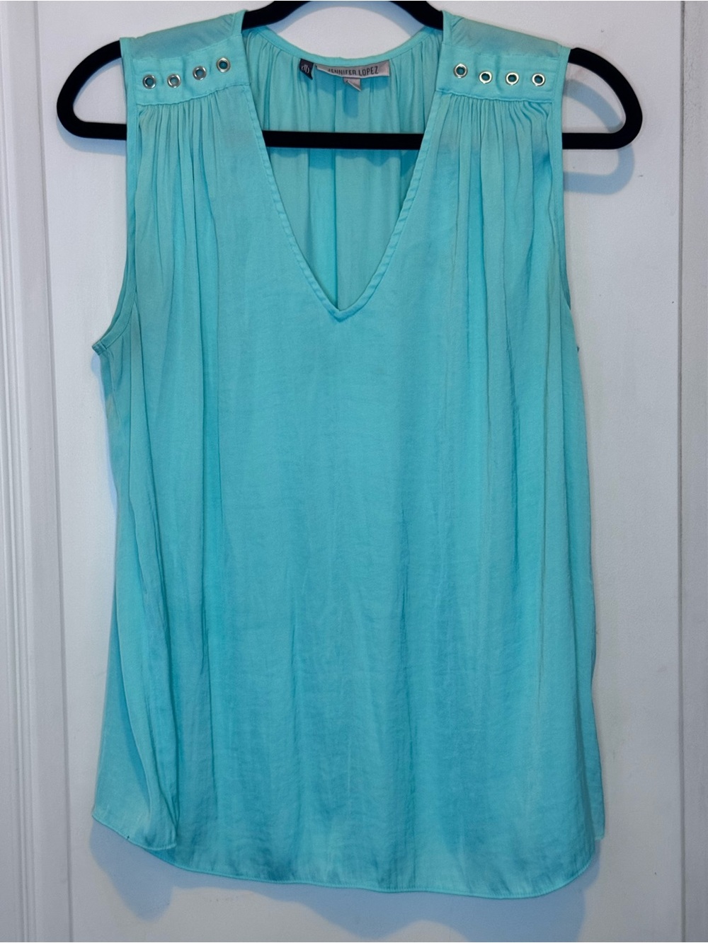Jennifer Lopez Turquoise V-Neck Sleeveless Camisole with Silver Eyelets